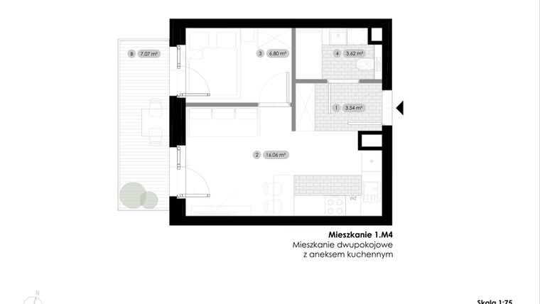 Rzut - Mieszkanie na sprzedaż 2 pokoje o powierzchni 30,02 m² - numer 1.M4 w Stalowa 76