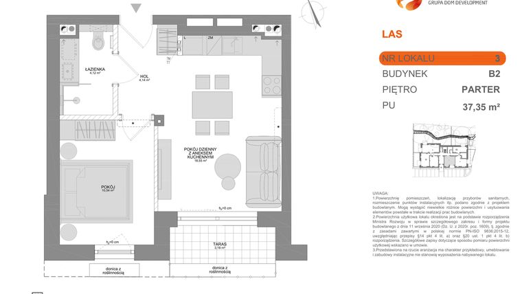 Rzut - Mieszkanie na sprzedaż 2 pokoje o powierzchni 37,35 m² - numer B2 3 w Las