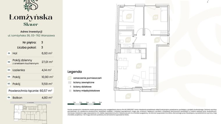 Rzut - Mieszkanie na sprzedaż 3 pokoje o powierzchni 60,57 m² - numer 9 w Łomżyńska Skwer