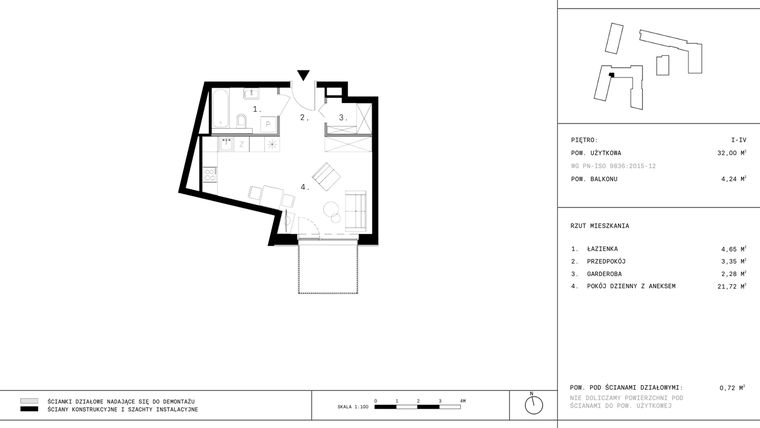 Rzut - Mieszkanie na sprzedaż 1 pokój o powierzchni 31,81 m² - numer C22.4 w 28 czerwca 1956 r.
