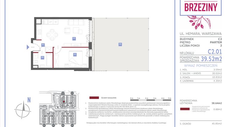 Rzut - Mieszkanie na sprzedaż 2 pokoje o powierzchni 39,52 m² - numer C2.01 w Miasteczko Brzeziny II