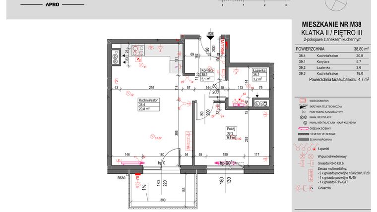 Rzut - Mieszkanie na sprzedaż 2 pokoje o powierzchni 38,8 m² - numer M38 w Antczaka 46