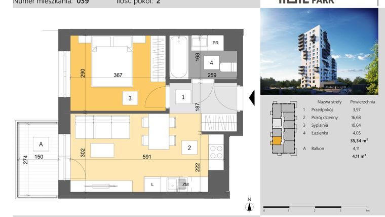 Rzut - Mieszkanie na sprzedaż 2 pokoje o powierzchni 35,34 m² - numer 39 w Dworzysko Park - Etap III