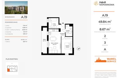 Rzut - Mieszkanie na sprzedaż 3 pokoje o powierzchni 49,84 m² - numer A.19 w Nowa Namiarkowa