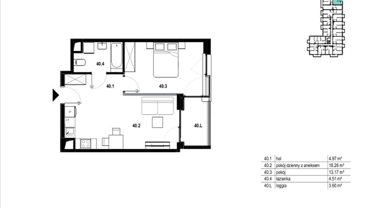 Rzut - Mieszkanie na sprzedaż 2 pokoje o powierzchni 40,91 m² - numer C3.40 w Osiedle Mozaika