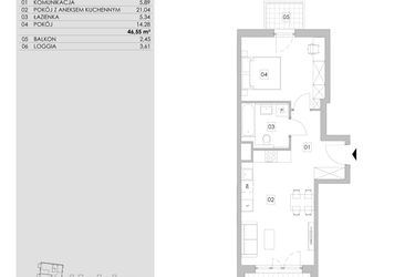Rzut - Mieszkanie na sprzedaż 2 pokoje o powierzchni 46,55 m² - numer A6.1.63 w ATAL Ruczaj