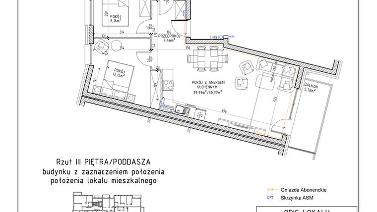 Rzut - Mieszkanie na sprzedaż 3 pokoje o powierzchni 59,87 m² - numer 36 w Osiedle Sady bud. E4