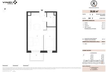 Rzut - Mieszkanie na sprzedaż 2 pokoje o powierzchni 39,06 m² - numer A/4/1.3 w Smardzewska 8