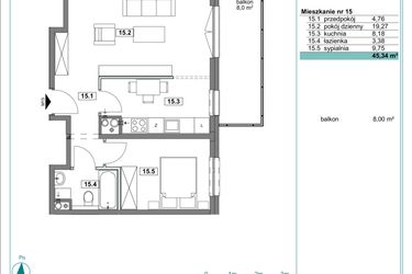 Rzut - Mieszkanie na sprzedaż 2 pokoje o powierzchni 45,62 m² - numer D.15 w Osiedle Kościuszki etap II