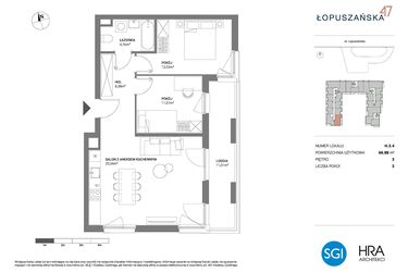 Rzut - Mieszkanie na sprzedaż 3 pokoje o powierzchni 66,88 m² - numer H.3.4 w Łopuszańska 47 - etap 3