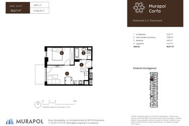 Rzut - Mieszkanie na sprzedaż 2 pokoje o powierzchni 36,67 m² - numer 2.A.2.11 w Murapol Corfa