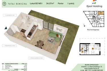 Rzut - Mieszkanie na sprzedaż 1 pokój o powierzchni 34,07 m² - numer B2.M1 w Tutaj Bunscha