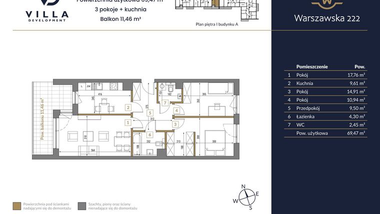 Rzut - Mieszkanie na sprzedaż 3 pokoje o powierzchni 69,47 m² - numer 50A w Warszawska 222