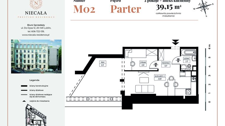 Rzut - Mieszkanie na sprzedaż 2 pokoje o powierzchni 39,15 m² - numer 2 w Niecała Prestige Residence