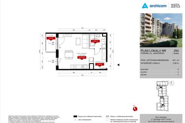 Rzut - Mieszkanie na sprzedaż 1 pokój o powierzchni 35,1 m² - numer K.254 w Wieża Jeżyce etap V