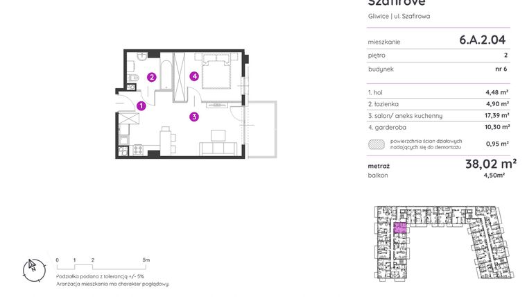 Rzut - Mieszkanie na sprzedaż 1 pokój o powierzchni 38,02 m² - numer 6.A.2.04 w Murapol Osiedle Szafirove