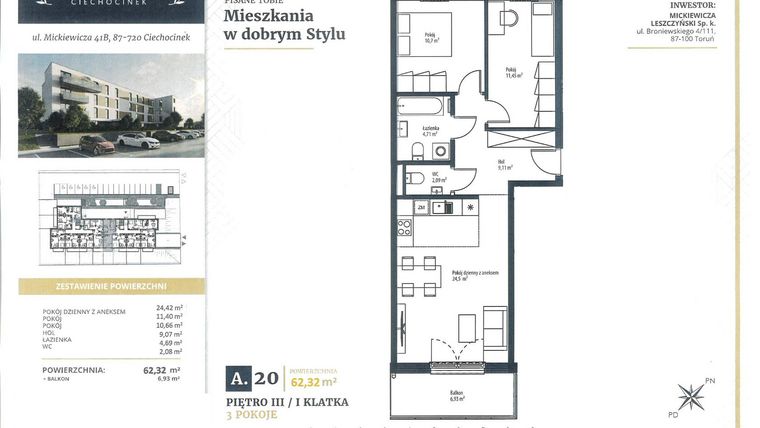 Rzut - Mieszkanie na sprzedaż 3 pokoje o powierzchni 62,32 m² - numer A20 w Mickiewicza