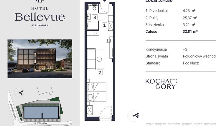 Rzut - Mieszkanie na sprzedaż 1 pokój o powierzchni 32,81 m² - numer 86 w Hotel Bellevue