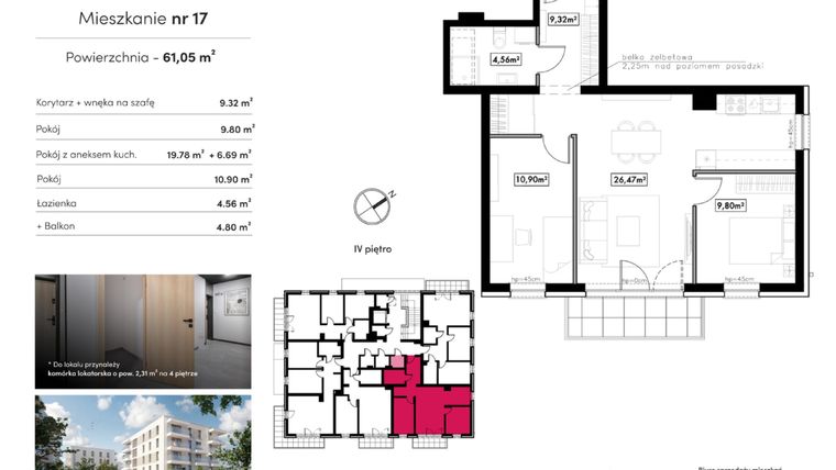 Rzut - Mieszkanie na sprzedaż 3 pokoje o powierzchni 61,05 m² - numer B22.M17 w Novum Rumia - bud. 22