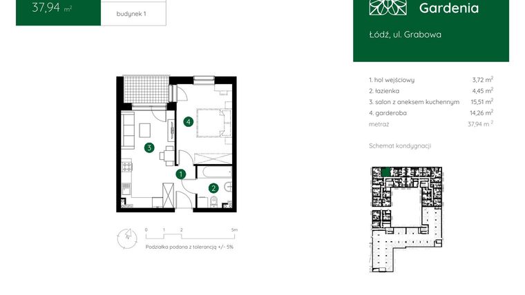 Rzut - Mieszkanie na sprzedaż 1 pokój o powierzchni 37,94 m² - numer 1.D.0.07 w Murapol Gardenia