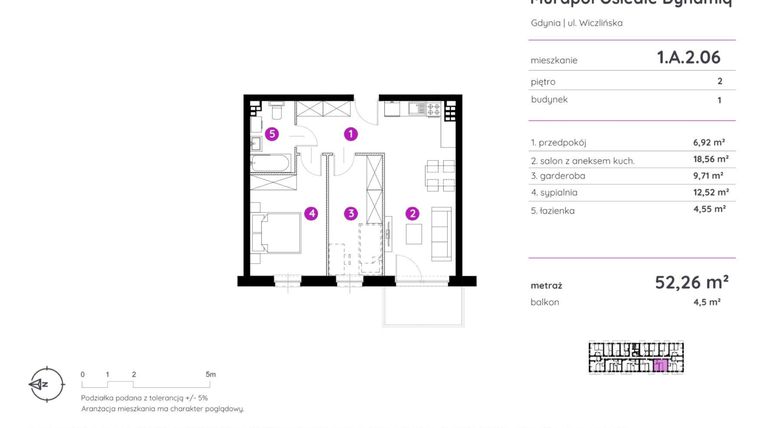 Rzut - Mieszkanie na sprzedaż 2 pokoje o powierzchni 52,26 m² - numer 1.A.2.06 w Murapol Osiedle Dynamiq