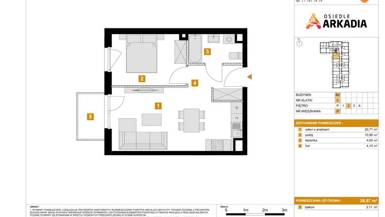 Rzut - Mieszkanie na sprzedaż 2 pokoje o powierzchni 38,87 m² - numer 37 w Osiedle Arkadia