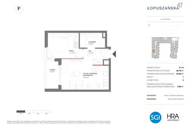 Rzut - Mieszkanie na sprzedaż 2 pokoje o powierzchni 39,36 m² - numer H.1.6 w Łopuszańska 47 - etap 3