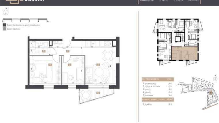 Rzut - Mieszkanie na sprzedaż 3 pokoje o powierzchni 49 m² - numer C1_M3 w Stacja Ligocka