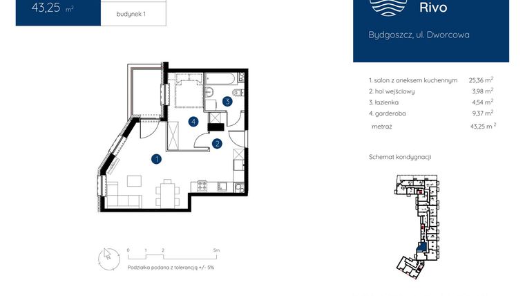 Rzut - Mieszkanie na sprzedaż 1 pokój o powierzchni 43,25 m² - numer 1.B.1.10 w Murapol Rivo