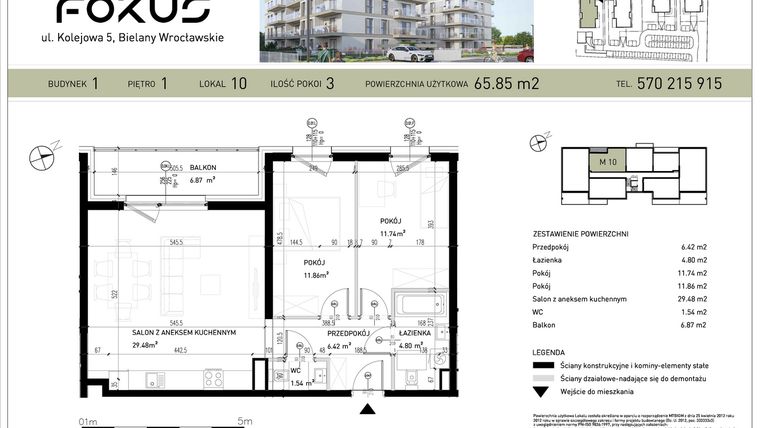 Rzut - Mieszkanie na sprzedaż 3 pokoje o powierzchni 65,85 m² - numer B1-10 w Fokus Bielany