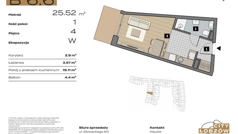 Rzut - Mieszkanie na sprzedaż 1 pokój o powierzchni 25,52 m² - numer B 6.6 w City Łobzów