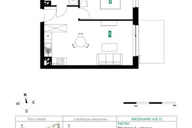 Rzut - Mieszkanie na sprzedaż 2 pokoje o powierzchni 42,64 m² - numer A.B.12 w Park Śliwowa