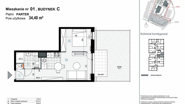 Rzut - Mieszkanie na sprzedaż 1 pokój o powierzchni 34,4 m² - numer C.M01 w Apartamenty Kopernika
