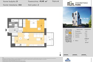 Rzut - Mieszkanie na sprzedaż 2 pokoje o powierzchni 43,48 m² - numer 34 w Dworzysko Park - Etap III