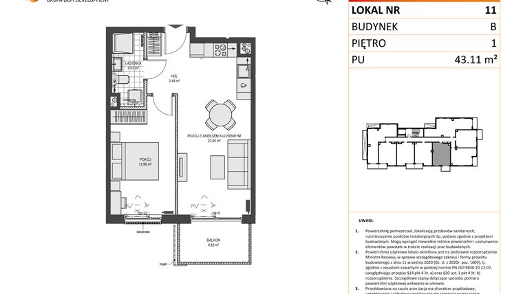 Rzut - Mieszkanie na sprzedaż 2 pokoje o powierzchni 43,11 m² - numer B11 w Przystań Brzeźno etap 1.2