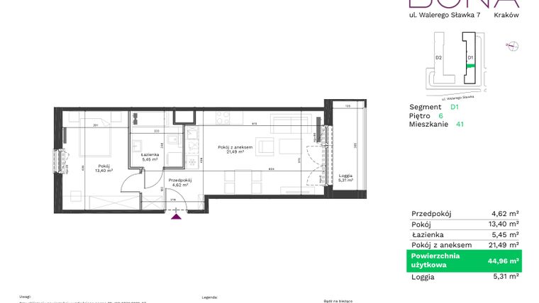 Rzut - Mieszkanie na sprzedaż 2 pokoje o powierzchni 44,96 m² - numer 41 w Bona