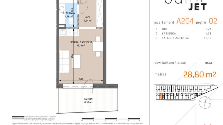 Rzut - Mieszkanie na sprzedaż 1 pokój o powierzchni 28,8 m² - numer A204 w Baltic Jet