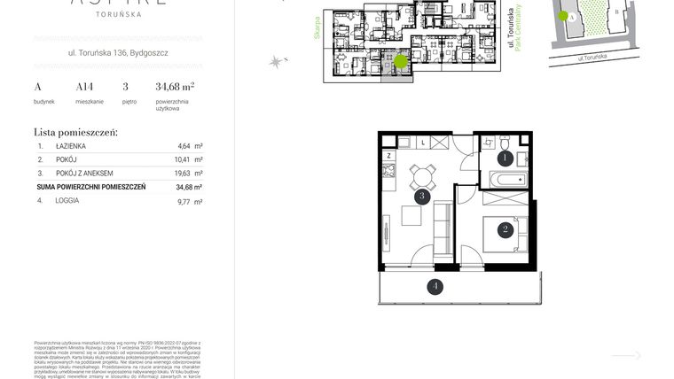 Rzut - Mieszkanie na sprzedaż 2 pokoje o powierzchni 34,68 m² - numer A.14 w Aspire