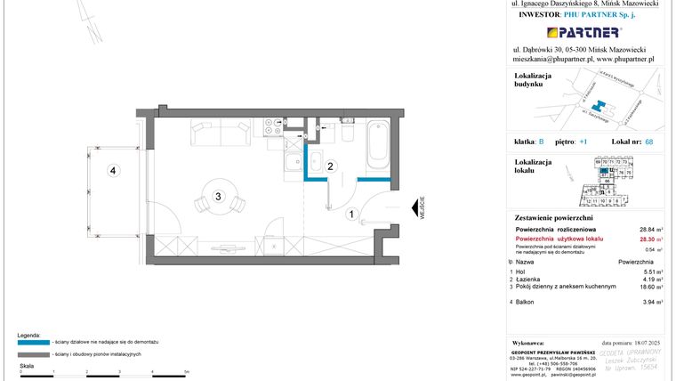 Rzut - Mieszkanie na sprzedaż 1 pokój o powierzchni 28,84 m² - numer B.1.68 w Daszyńskiego Square etap 1
