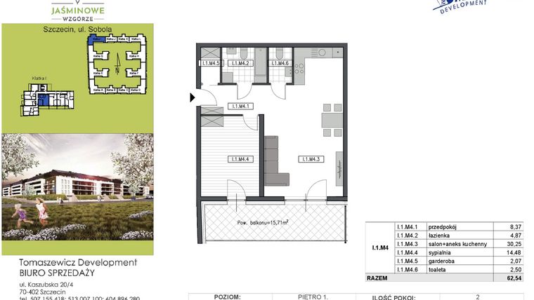Rzut - Mieszkanie na sprzedaż 2 pokoje o powierzchni 62,54 m² - numer I1M4 w Jaśminowe Wzgórze - etap II