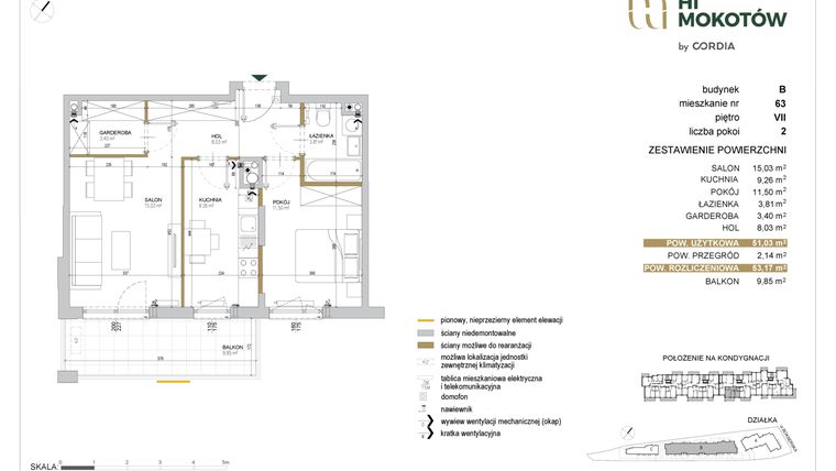 Rzut - Mieszkanie na sprzedaż 2 pokoje o powierzchni 51,16 m² - numer A1.B.63 w Hi Mokotów