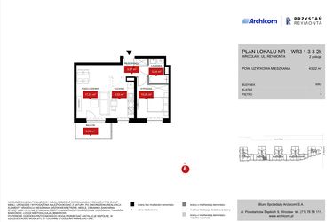 Rzut - Mieszkanie na sprzedaż 2 pokoje o powierzchni 43,22 m² - numer WR3 1/3/3/2k w Przystań Reymonta etap II