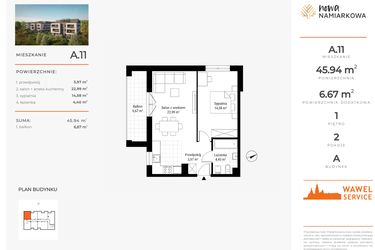 Rzut - Mieszkanie na sprzedaż 2 pokoje o powierzchni 45,94 m² - numer A.11 w Nowa Namiarkowa