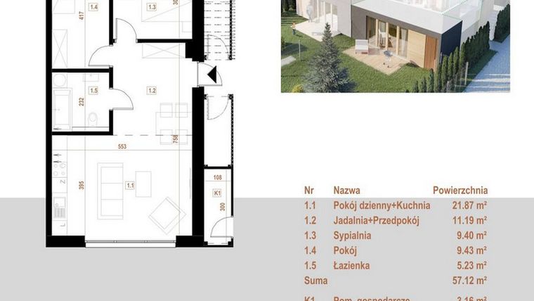 Rzut - Mieszkanie na sprzedaż 4 pokoje o powierzchni 57,12 m² - numer 9.1 w Osiedle Dębowe