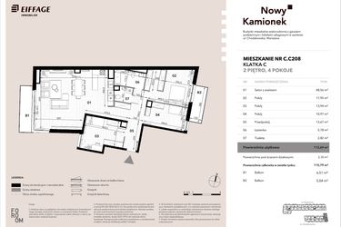 Rzut - Mieszkanie na sprzedaż 4 pokoje o powierzchni 113,69 m² - numer C.C208 w Nowy Kamionek
