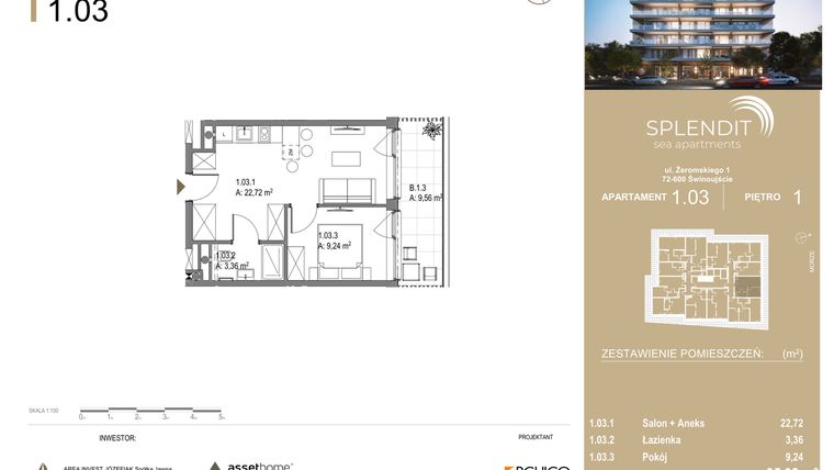 Rzut - Mieszkanie na sprzedaż 2 pokoje o powierzchni 35,32 m² - numer 1.3 w Splendit Świnoujście