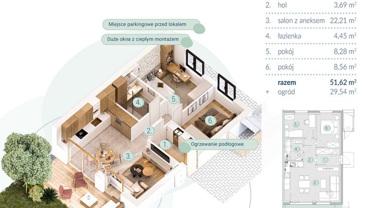Rzut - Mieszkanie na sprzedaż 3 pokoje o powierzchni 51,62 m² - numer A.5.1 w Enklawa