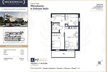 Rzut - Mieszkanie na sprzedaż 3 pokoje o powierzchni 53,35 m² - numer A7 w Mickiewicza