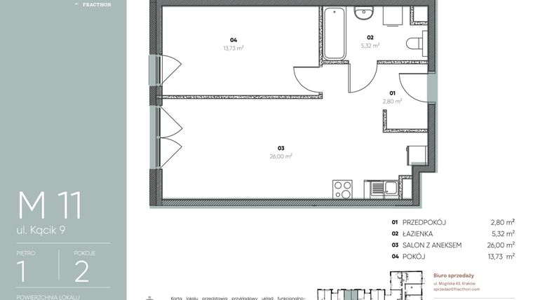 Rzut - Mieszkanie na sprzedaż 2 pokoje o powierzchni 47,84 m² - numer M.11 w Ja\nas