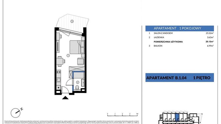 Rzut - Mieszkanie na sprzedaż 1 pokój o powierzchni 29,15 m² - numer B.1.04 w Wind Yacht